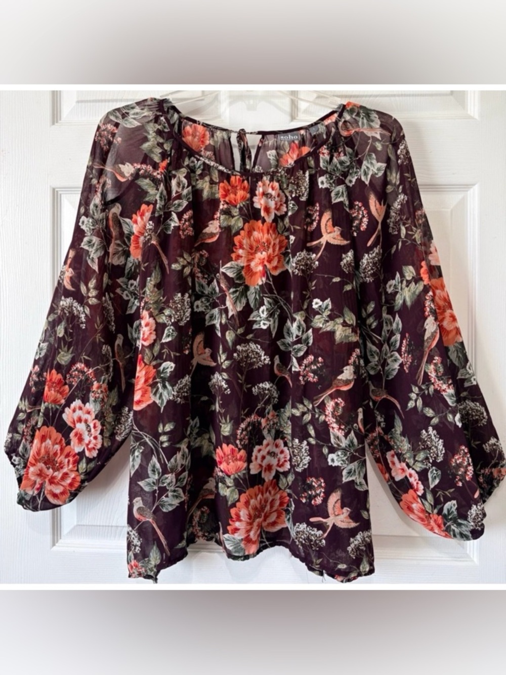 NY&CO Chiffon Bird Print Balloon Sleeve Cottagecore Whimsical Blouse Large